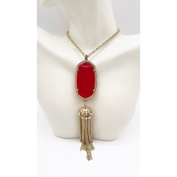 Kendra Scott Rayne Long Tassel Pendant Necklace In Gold Tone Red Stone - Picture 1 of 4